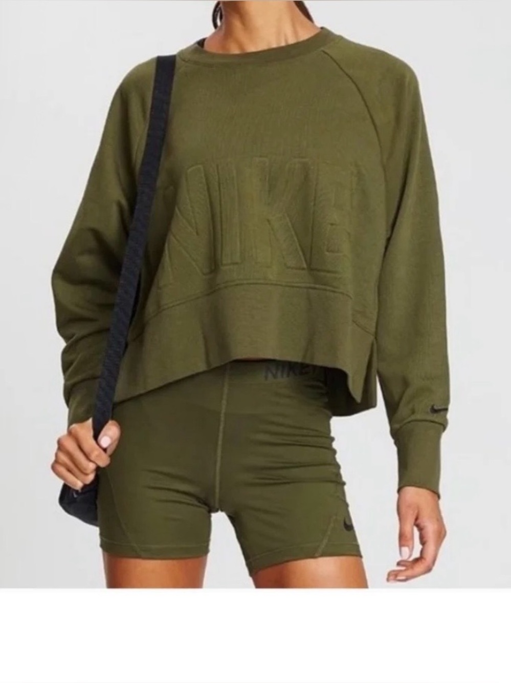Nike Olive Green Cropped Embossed Logo Sweatshirt - Women's